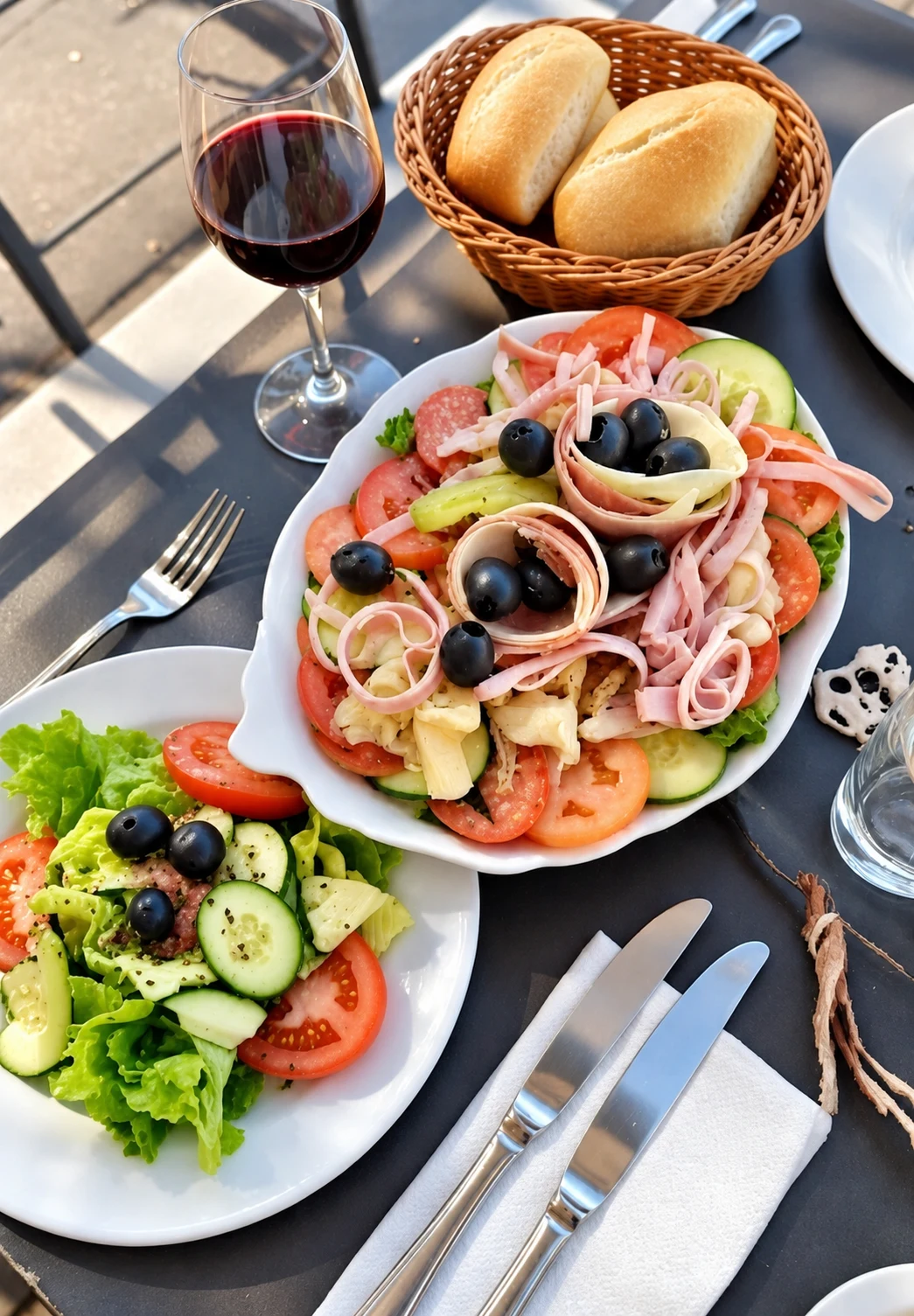 Italian antipasto salad with ham, cheese, olives, and fresh vegetables