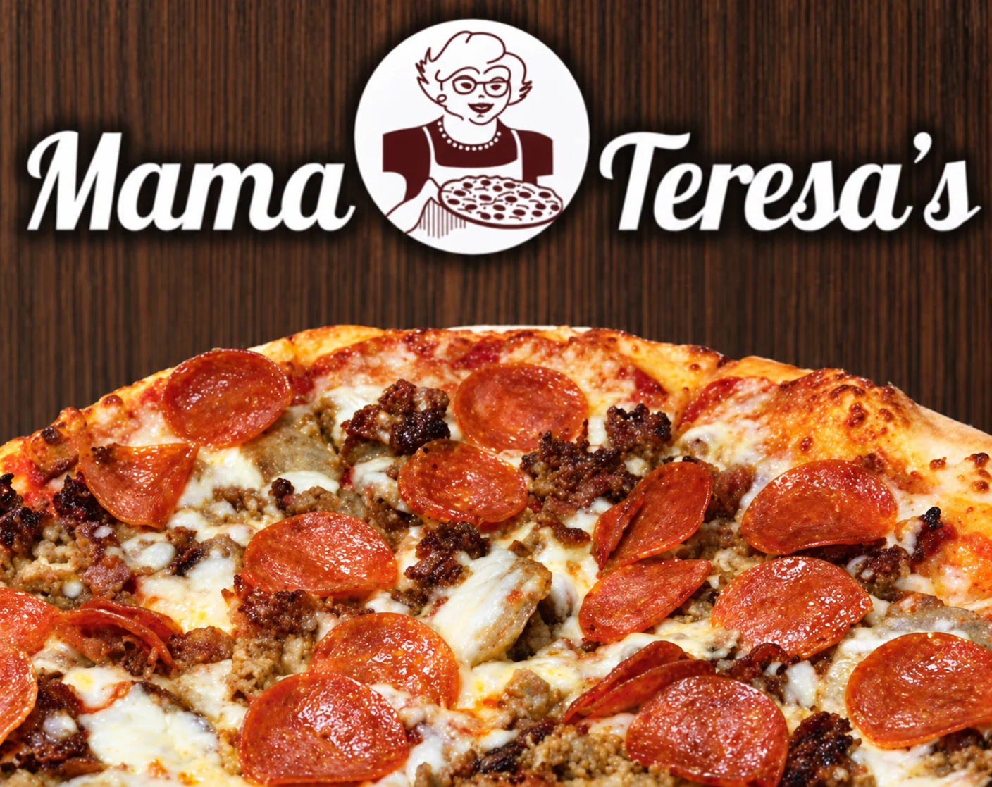 Mama Teresa's signature pizza and restaurant logo