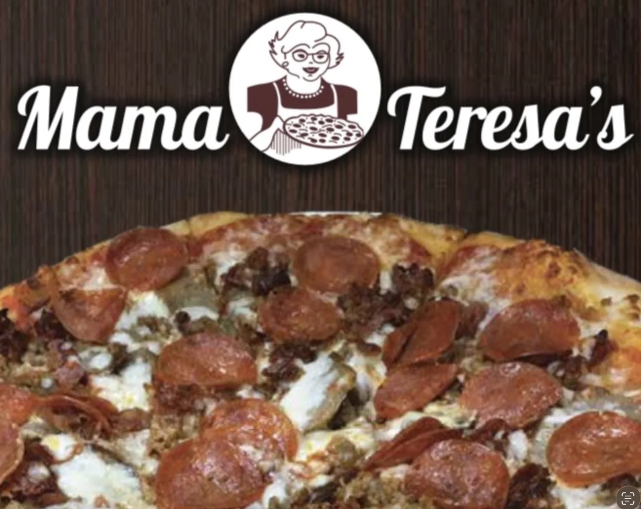 Mama Teresa's signature pizza and restaurant logo