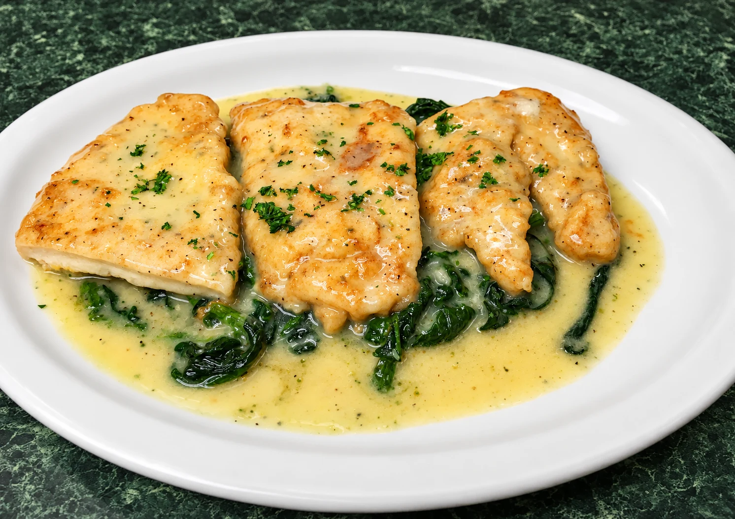 Chicken served in a light sauce over sautéed spinach