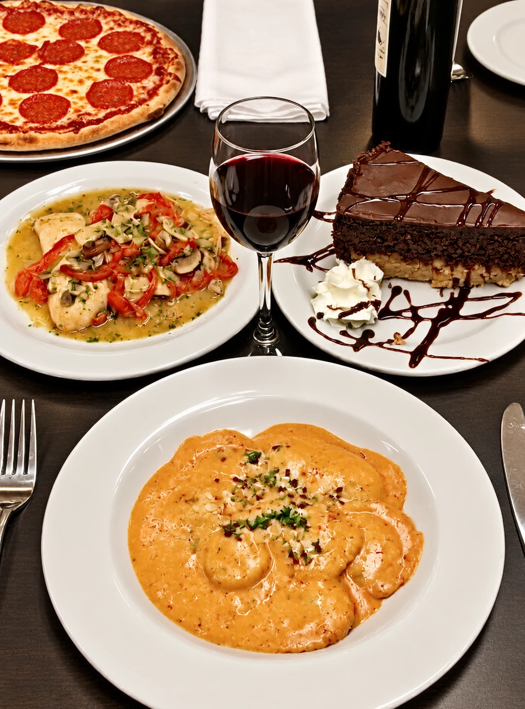 An Italian dinner spread with chicken, dessert, pizza, and wine