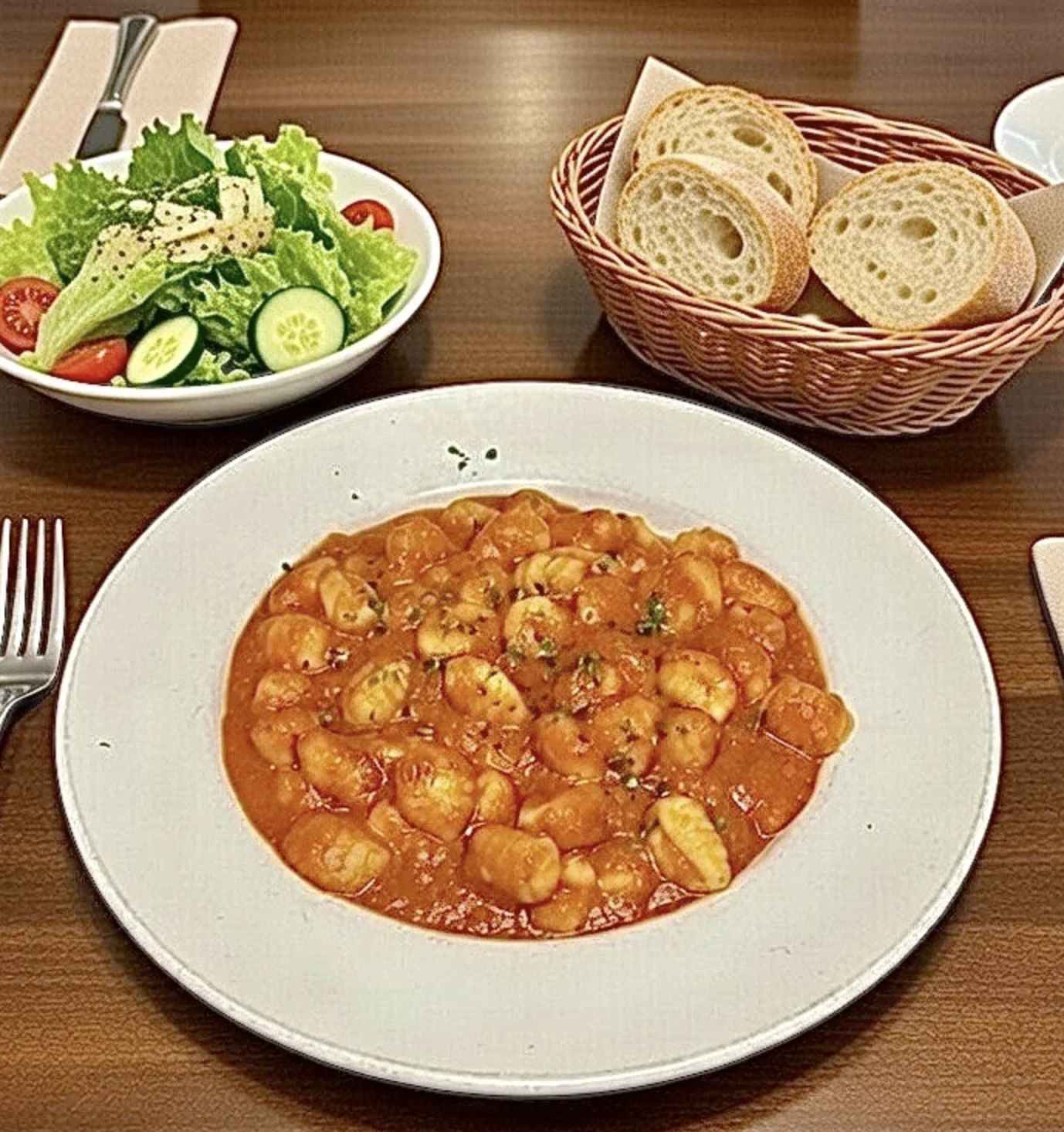 Gnocchi in tomato cream sauce with salad and bread